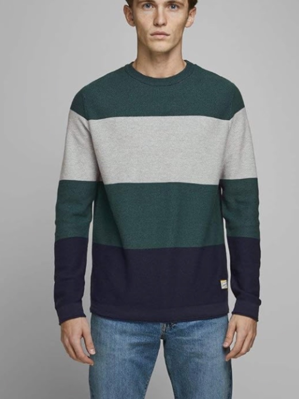 Men's - JACK & JONES - Green, Grey, and Navy JORFLAME KNIT CREW NECK Sweater
